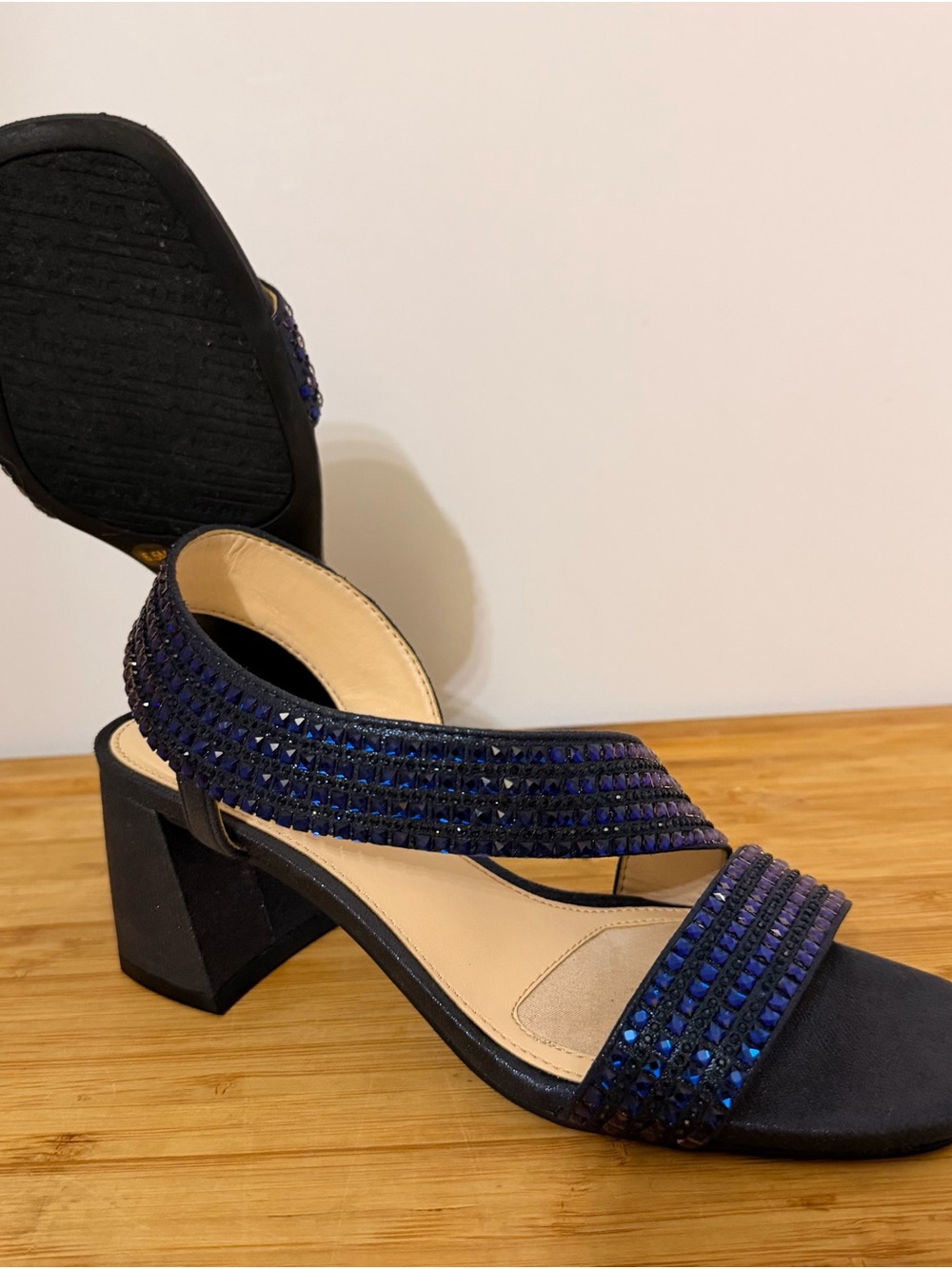 Alex Marie Black Sandals with Iridescent Blue Embellishments